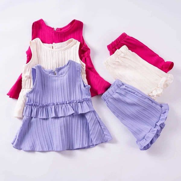 Summer Girls Set Solid Color Sleeveless TopRuffle Edge Shorts 2-piece Fashion Casual Girl Baby Clothing Daily WearT260613