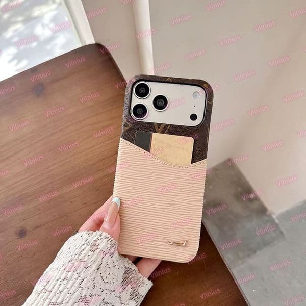 Luxury Monogram Card Holder Phone Case for iPhone 17 Air 16 15 14 13 Pro Max, PU Leather Water Ripple Splice Anti-drop Back Cover with Card Slot, Shockproof Protective Case