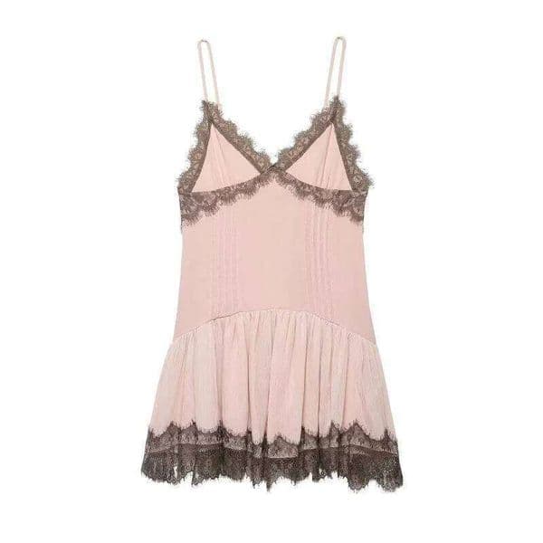 Women's Pink Lace Trim Spaghetti Strap Mini V Neck Sexy Cute Summer Slip Dress Casual Daily Wear Size runs small J260613
