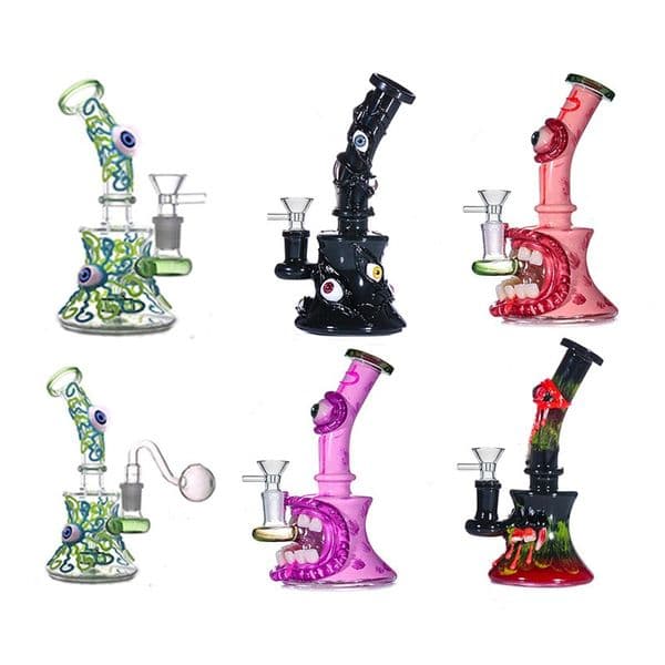 Wholesale Travel 3D Halloween Hookahs Unique Heady Glass Tobacco Bongs Showerhead Perc Octopus Eye Teeth Thick Mini Water oil burner Pipes With smoking banger Bowl