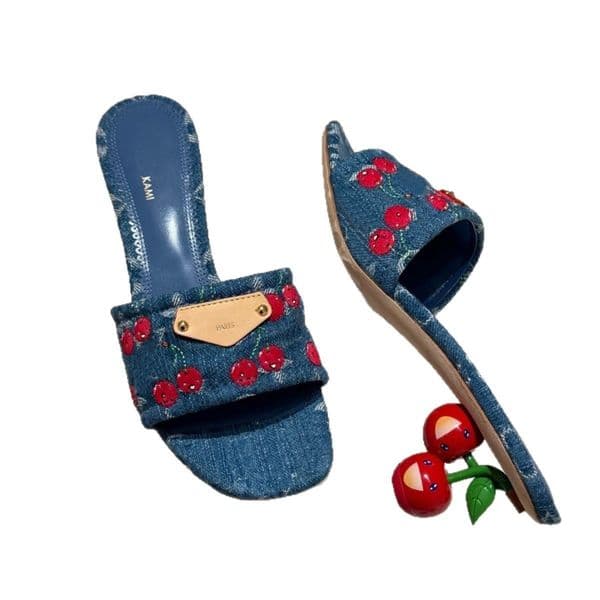 Designer Denim Cherry Sandals Baotou Retro Pink Heeled Slippers Women Sexy Party Summer Open Toe Slippers
