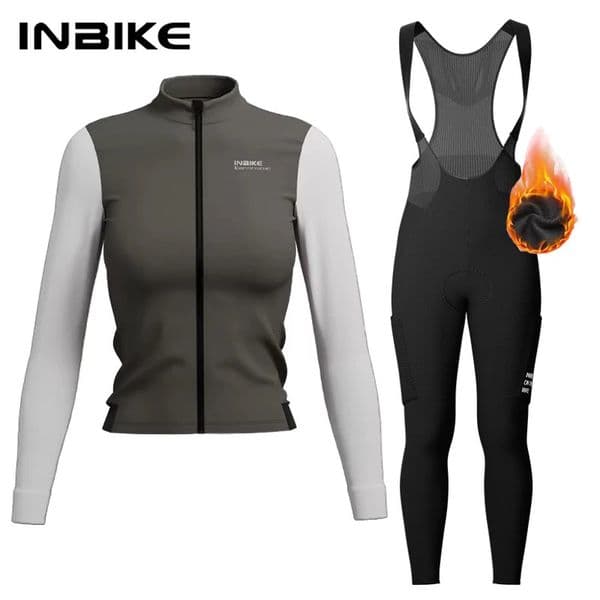 INBIKE Warm Thermal Cycling Jersey Set for Women Comfortable Fleece Road Bike Bib Pants Windproof MTB Clothing with Pockets 260610