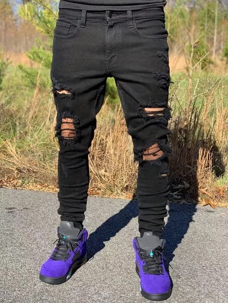 Mens Black Distressed Ripped Skinny Jeans - Hip Hop Streetwear Fashion Pants 260612