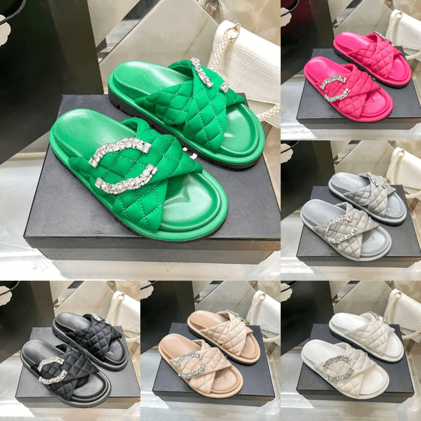 Luxury designer Flat Slippers Women 2026 Summer Velvet Crystal Metallic brand Shoes for Women Sandals Non-slip Bow Beach Flip-flops Slides