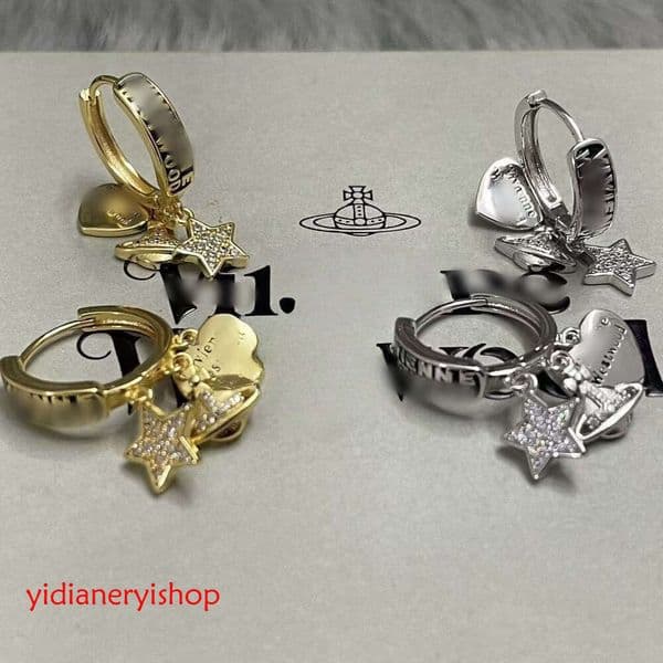 vivienneity west wood earrings Heart Five-Pointed Star Sparkling Dia For Women Light Fashionable Temperament Hepburn Style Earrings