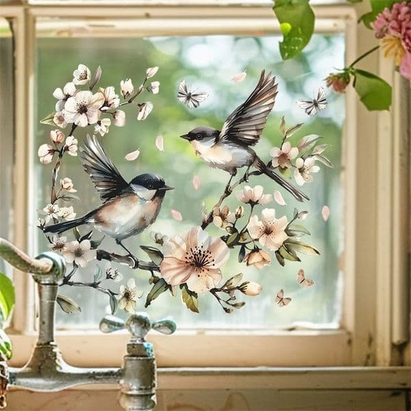 1PCS Watercolor Flower Twig Bird Glass Window Home Landscaping Decoration Electrostatic Uv Sticker Mirror 260612
