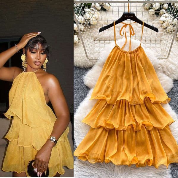 Cascading Ruffles Mini Cake Dress Women Fashion Sexy Lace Up Halter Backless A-line Birthday Party Clubwear Holiday Outfits