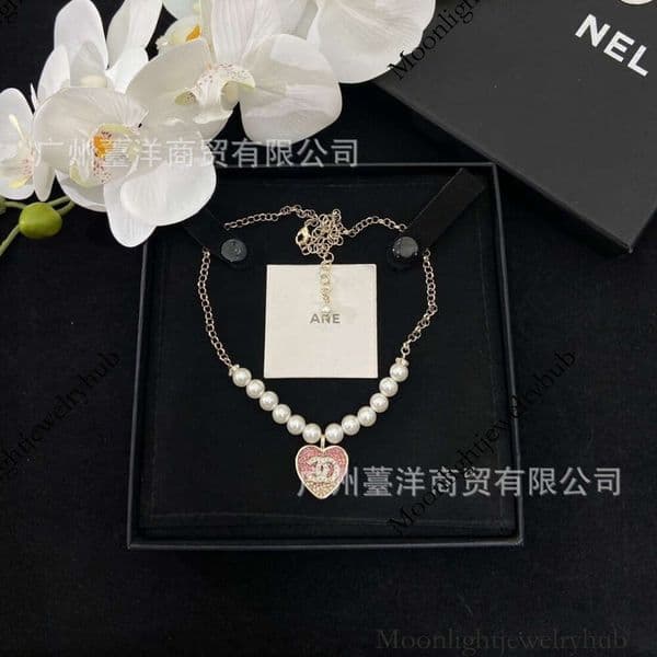 Designer channels necklace Double C Gradient Heart Pearl Necklace Women Sweet Pink Heart-Shaped Collarbone Chain cc necklace