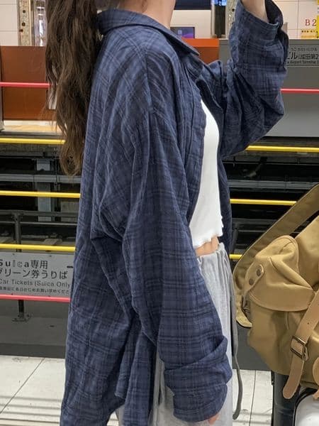 2025 Large Size Womens Navy Blue Plaid Loose Outside The Spring and Summer Travel Essential Sunscreen Shirt Thin Coat 260615