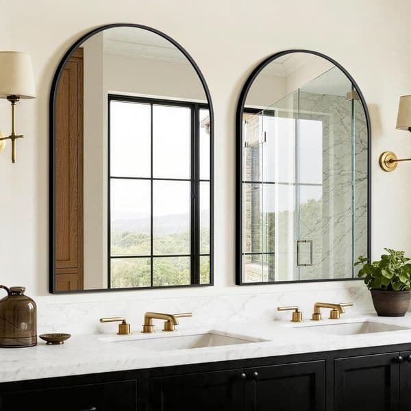 Metal frame arched mirror, suitable for bedrooms, living rooms, and entrance halls. 24x36 black countertop mirror, can be installed above the sink.