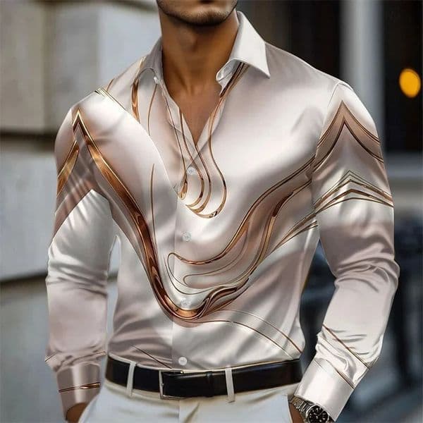 Mens shirt abstract liquid art 3D print shirt spring and autumn lapel long-sleeved shirt fashionable casual mens top 260615