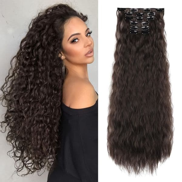 6pcs set clips hair extensions synthetic long water wave hair piece