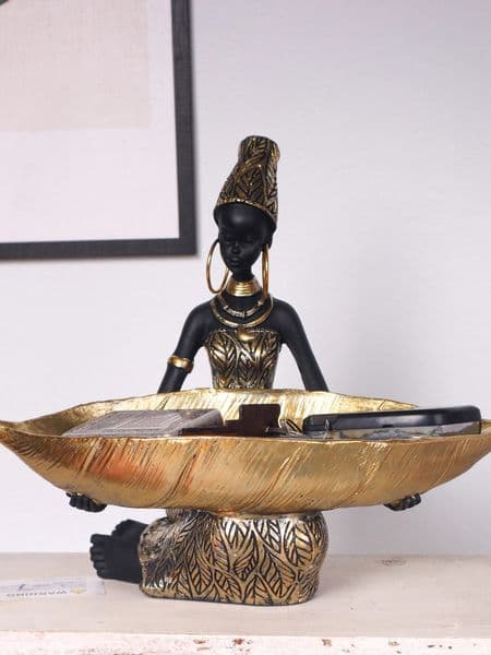 African Girl Holding a Plate Sculpture Home and Office Decorative Storage Ornament Vintage Collectible Craft Deskt Decor 260615