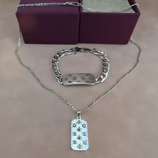 Vintage Silver Plated Bracelet Designer Engraved Bracelet for Men Women Cuban Link Chain Bracelet Necklace Set Premium Quality Couple Jewelry Gift with Logo