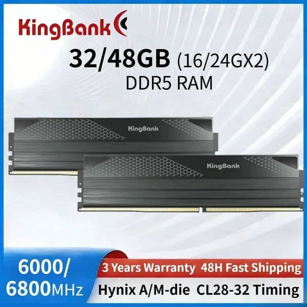 Original KingBank RAM DDR5 16/24GBX2 6000/6800MHz CL28-32 Hynix Chip M/A-die Desktop Gaming Memory with Black Heat Sink Memoria