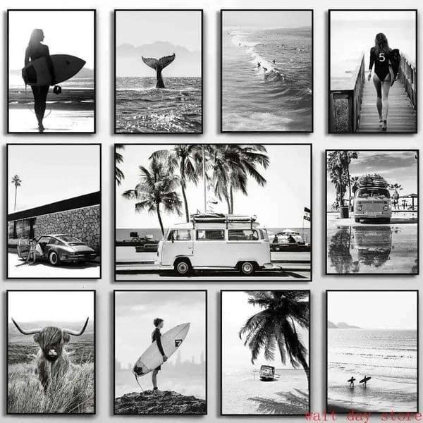 Beach Camper Van Surfing Ocean Landscape Wall Art Palm Tree Surfboard Canvas Painting Home Room Decor Poster Prints 26L0616