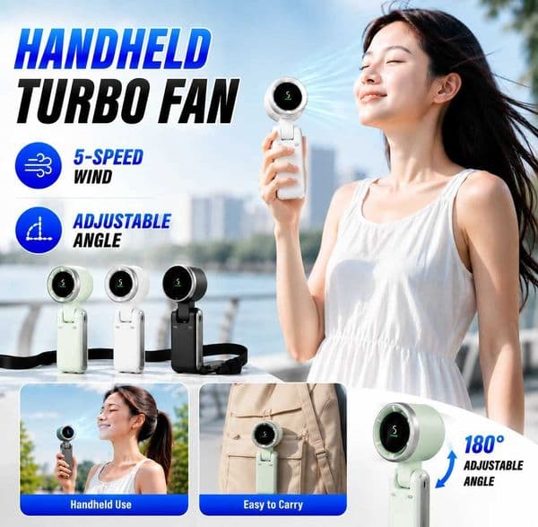 Handheld Fan Portable Mini Turbo Fan 5-speed Adjustment LED Display Outdoor Foldable/neck-hanging Silent Brushless Fan 2400mah Z260616