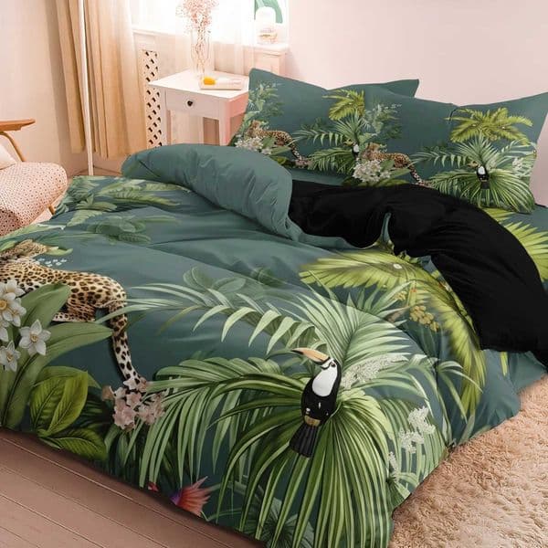 Tropical 3pcs Rainforest Cheetah Bird Pattern - Ultra-Soft Brushed Digital Print - Duvet Cover SetSoft and Comfortable D260616