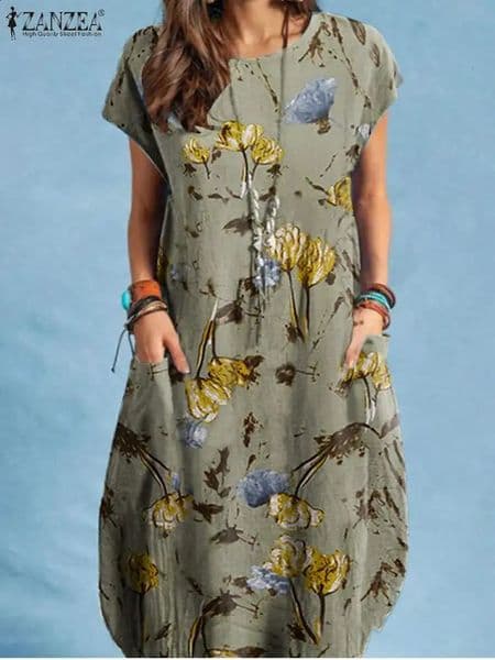 ZANZEA Women Summer Dress Bohemian Floral Print Vestido ONeck Short Sleeve Pockets Sundress Fashion Casual Elegant Holiday Robe 260605