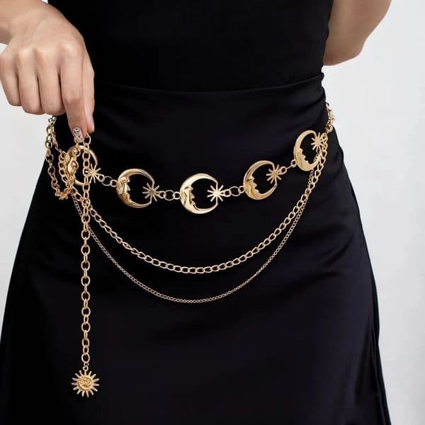 Foreign Trade Stylish Metal Moon Waist Chain for Women Adjustable Dress Accessory MultiLayer HighEnd Belt 260615