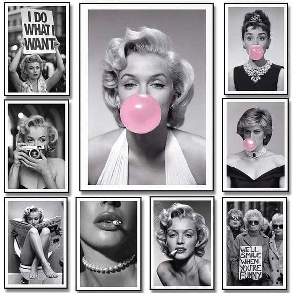 Black and White sexy woman smoking Hepburn Pink Bubble Gum poster canvas painting print for living room home decoration 26L0616