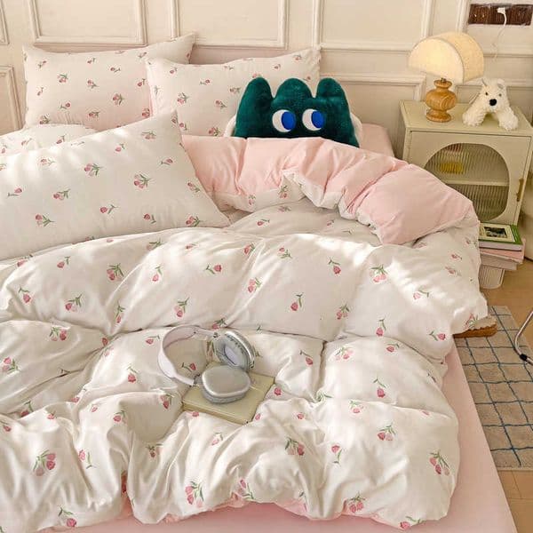 cartoon 3-piece heart-shaped plant floral print set a duvet cover and a pair of cases no padding suitable for bedroom D260616