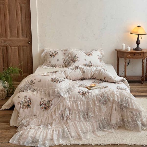 French Vintage Chic Flowers Print Lace Ruffles 100 Cotton Bedding Set Duvet Cover Flat/Fitted Bed Sheet cases 4Pcs D260616