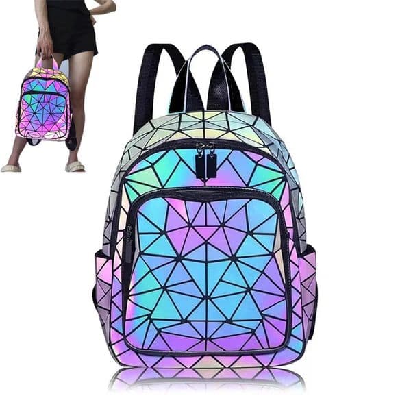 Fashion Womens luminous Backpack PVC holographic geometric School Bags For Teenage Girls Bagpack mochila feminina Travel Should 260613