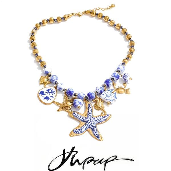 Yhpup Ocean Series Ceramic Beads Chain Fish Starfish Drop Charm Statement Necklace Exclusive Style Handmade Collar Jewelry 260616