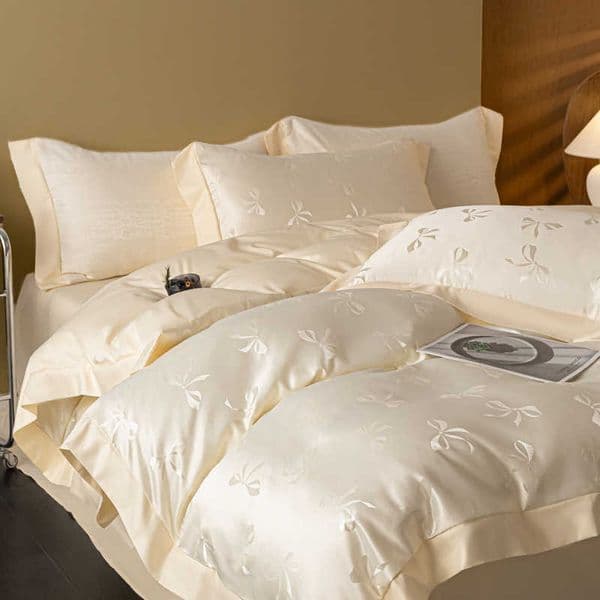 Jacquard European Ice Silk Duvet Cover Set Fashion Bow Pattern Queen King Bedding Set Skin Friendly Comforter Cover Set D260616