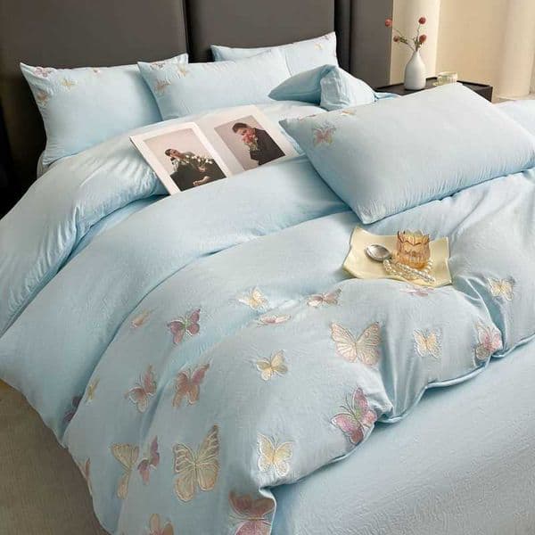 Korean New Style Embroidered Butterfly Princess 4-Piece Bedding Set All-Season Duvet Cover Fitted Sheet Non-Cotton D260616