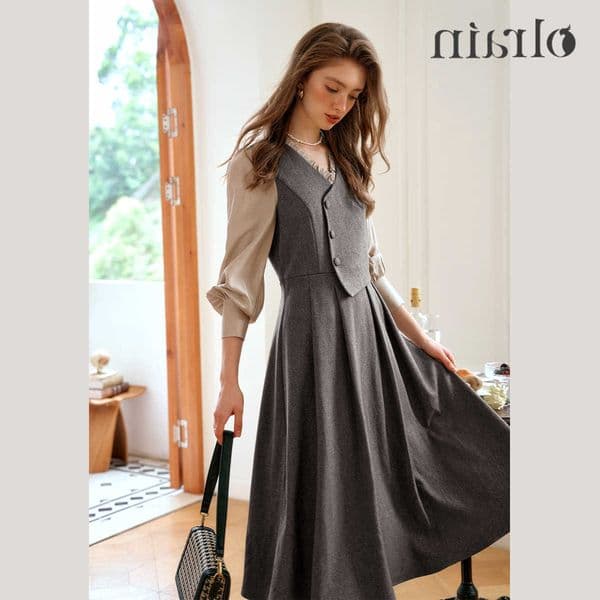 Fake French OLrain Two-piece Womens Dresses 2026 Spring V-neck Puff Sleeve Dress Elegant Commute A-line Clothing O57QL88833 S260617