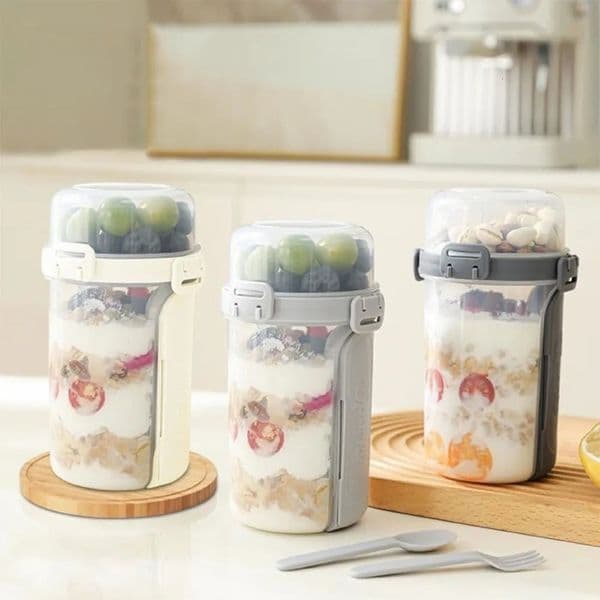 Portable Breakfast Cup Doublelayer Lid with Spoon Fork Oatmeal Ce Salad Cups Vegetable Fruit Bottle Food Storage Lunch Box 260617