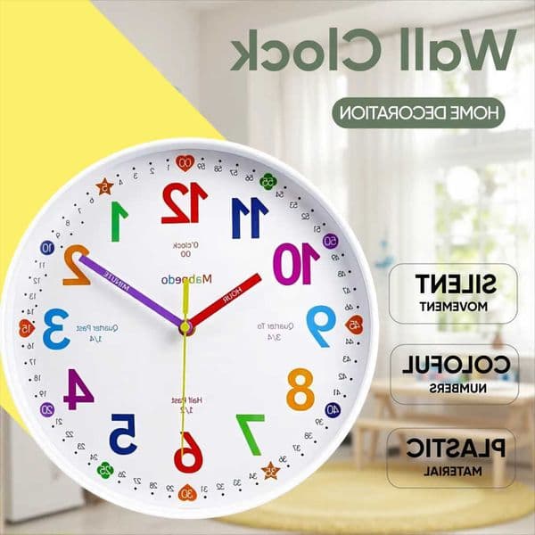 Education Early Wall Clock Colorful Number Kids Learning Time for School room Bedrooms Silent Analog Clock 8/10/12 Inch D260617