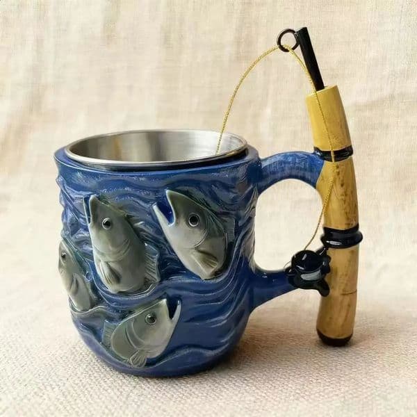 Funny Fisherman Mug 3D Fish Embossed Coffee Cup with Fishing Rod Handle Novelty Birthday Gift for Dad Men Fishing Lovers 260615