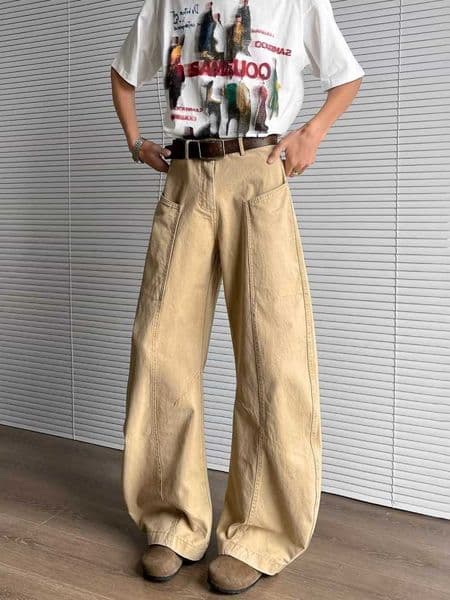 2025 Chic Y2K Fashion Khaki Patchwork Pleated Baggy Jeans Pants For Men Clothing Wide Leg Casual Loose Long Trousers Ropa Hombre L260617