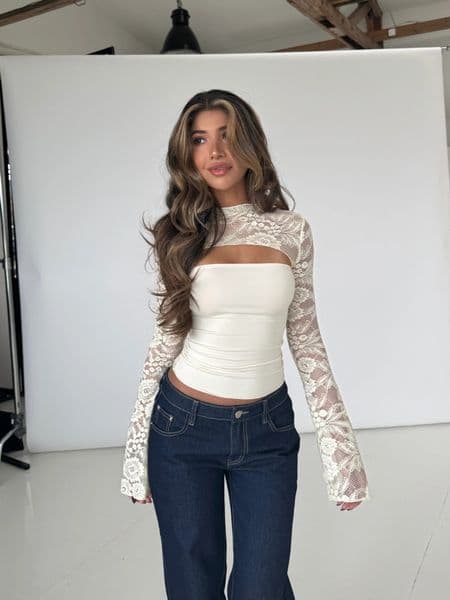 new High Neck Sheer Lace Bell Sleeve Shrug Hollow Chest Strapless Bodysuit Set Stretch Y2K Hot Girl Elegant Streetwear Suit