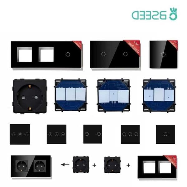 Switch Touch BSEED 1/2/3Gang Wall 1/2Way Light Switch Dimmer Function Parts Glass Panel Frames EU Wall Sockets DIY Parts BlackR260617