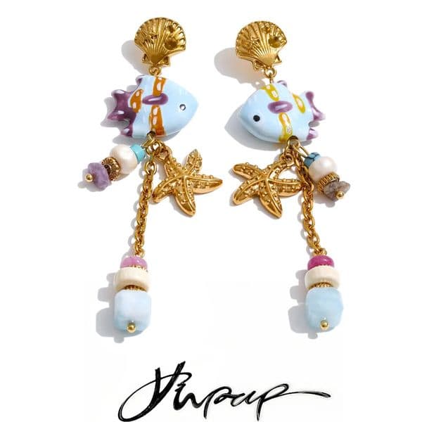 Yhpup Ocean Style Stainless Steel Ceramic Fish Starfish Long Chain Drop Earrings 2026 Handmade Fashion Women Tropical Jewelry 260616