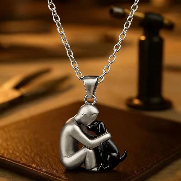 Stainless Steel Necklace and Earrings Featuring A Boy Girl Hugging A Cat Dog Simple Stylish Accessories for Women men