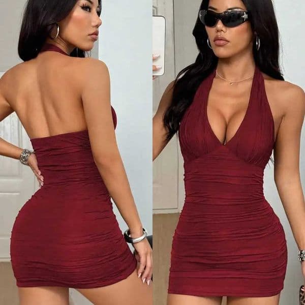 Womens Sexy Slim Textured Halter V-Neck Mini Dress in Burgundy 2026 Womens Summer Clothing L260529
