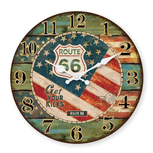 Creative Retro Route 66 Pattern Wooden Wall Clock for Living Room Bedroom Kitchen Home Decoration Silent Quartz Clock Holiday Gift 10 Inches 12 Inches No B D260617