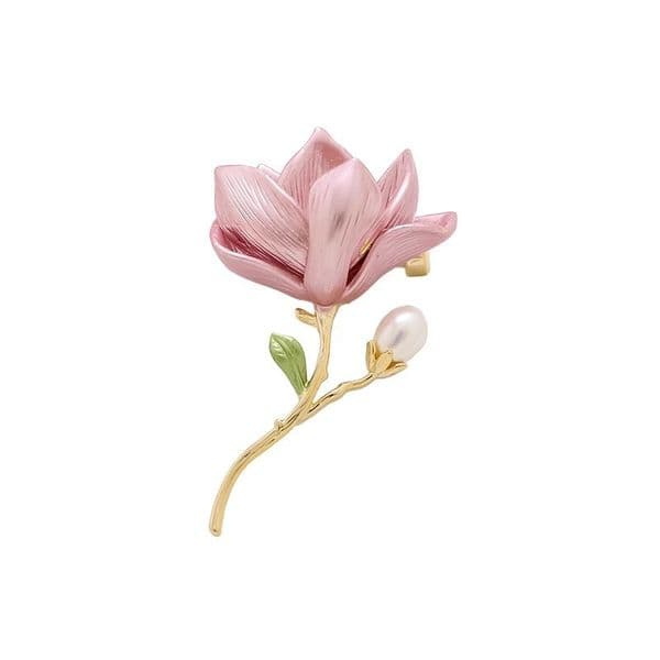 5pcs Exquisite Pink Magnolia Flower Brooches For Women Lady Elegant Accessories Enamel Pearl Flower Plant Brooch Office Party Jewelry 260617