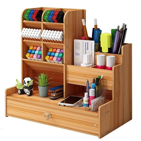 Wooden Desk Organiser DIY Desktop Tidy Pen Holder Large Capacity Stationery Storage Box with Drawer for Home Office and School 260617