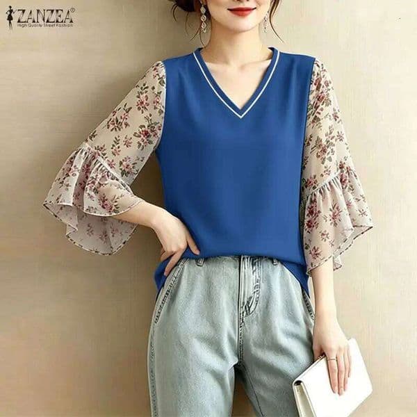 Stylish Printed Blouse 2026 ZANZEA Women Summer Floral Tops Elegant V Neck 3/4 Sleeve Work Shirt Casual Patchwork Holiday Tunic