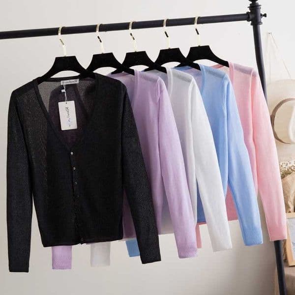 Korean Summer Cardigan Women Cropped Fashion Style Female Black Womens Coat Clothing V-neck Ladies Sweater Outerwear Cute Basic M260618