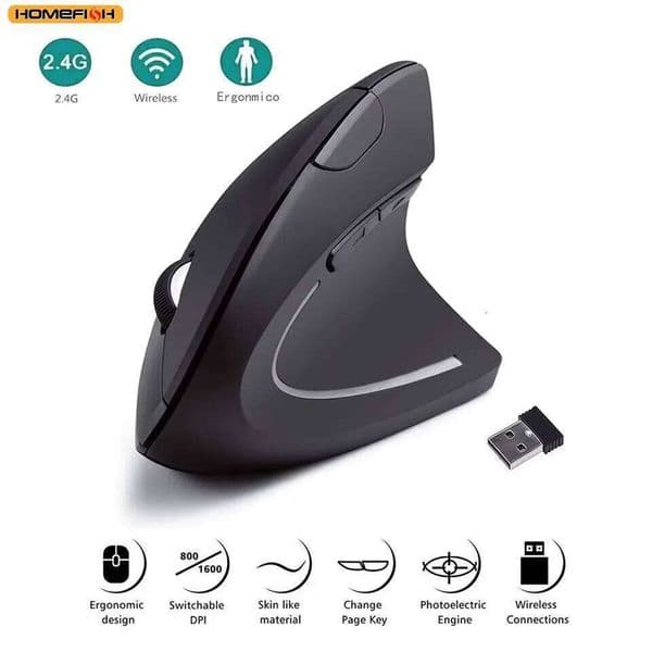 HOMEFISH Vertical Mouse Ergonomic 2.4GHz Wireless Optical Mice 3 Adjustable DPI 800/1200/1600 6 Buttons for Laptop PC Computer 26Y0616
