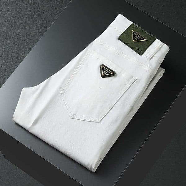 Luxury Men's Stretchy Clothing Black Anti-Fade White Fabric Slim Straight Cropped Pants, Long Pants