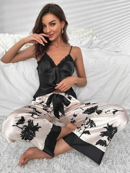 Floral Print Satin Pajama Set For Women J260618