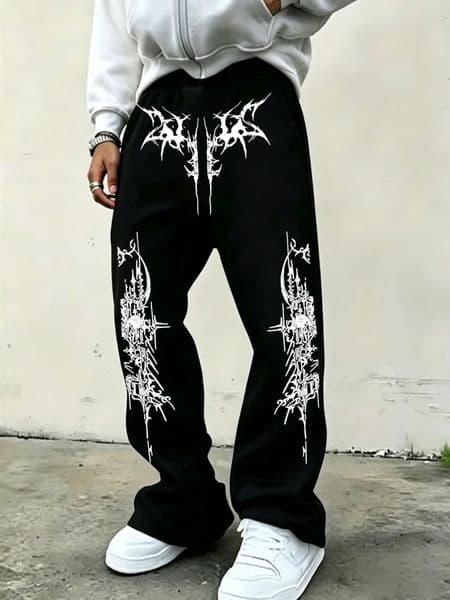 Mens AmericanStyle HighStreet Print Black Slightly Flared Sweatpants LooseFitting Drapey WideLeg Casual Athletic Pants 260616